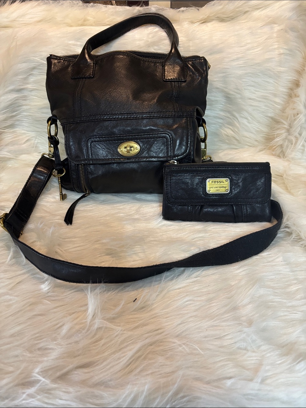 Fossil Black Leather Crossbody with Matching Wallet Set
